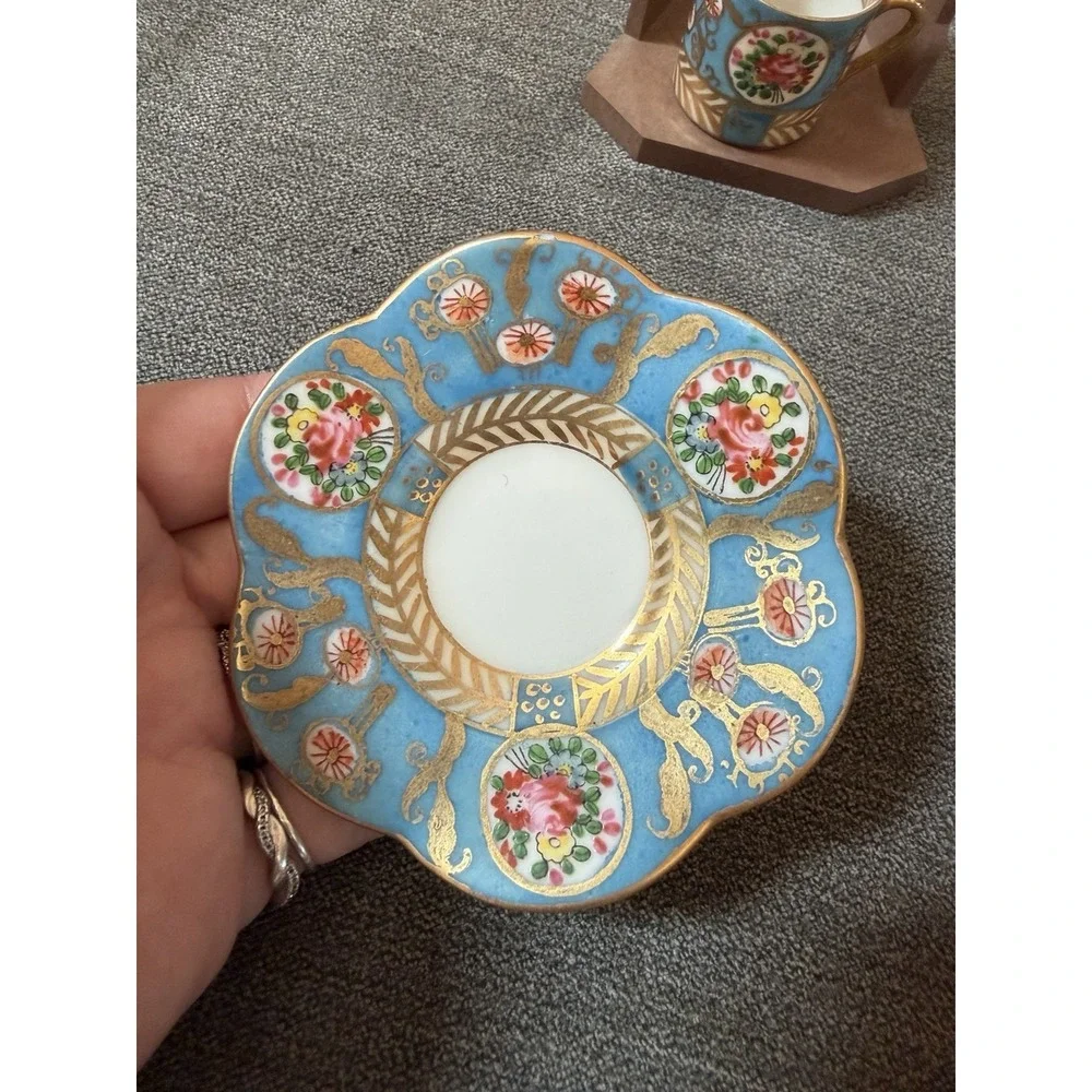 VTG Demitasse Cup & Saucer Porcelain Hand Painted Blue & Gold Floral Hokutosha